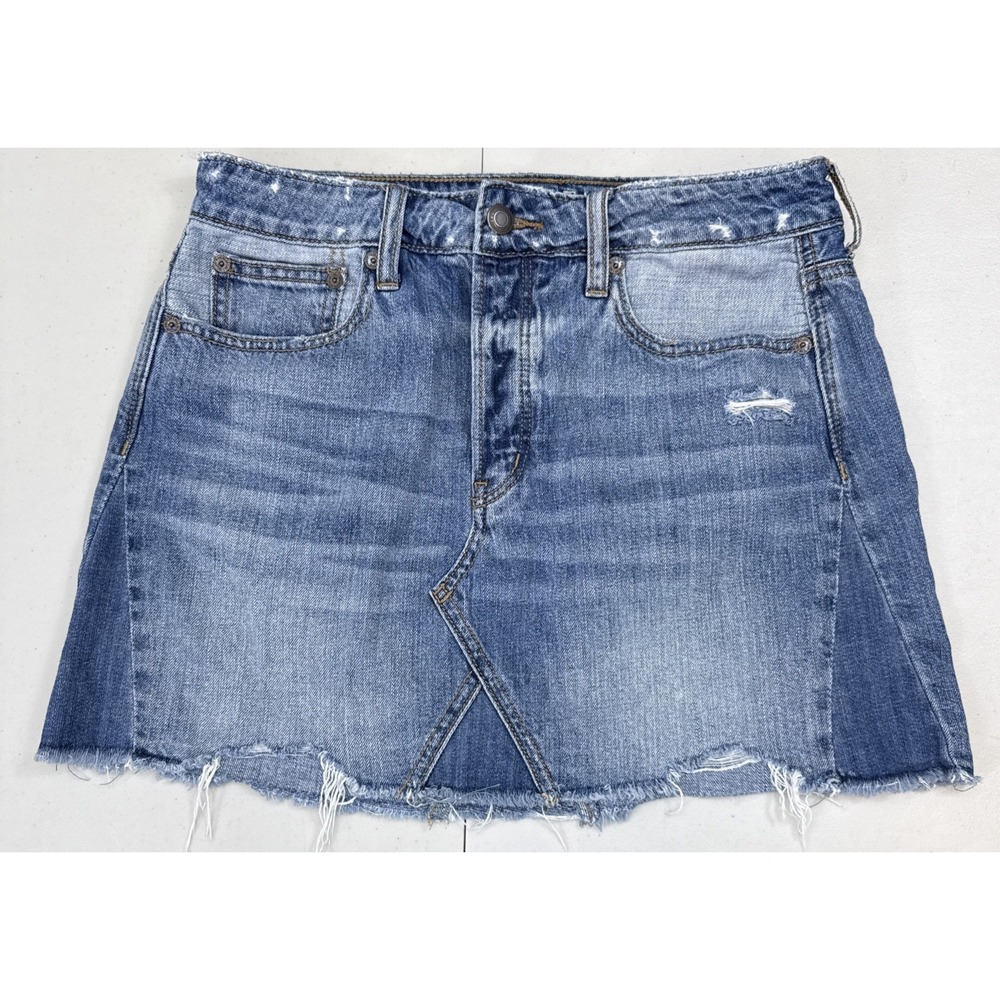 AMERICAN EAGLE DISTRESSED DENIM MINI SKIRT SIZE 6 BUTTON FLY FRAYED HEM HOLES